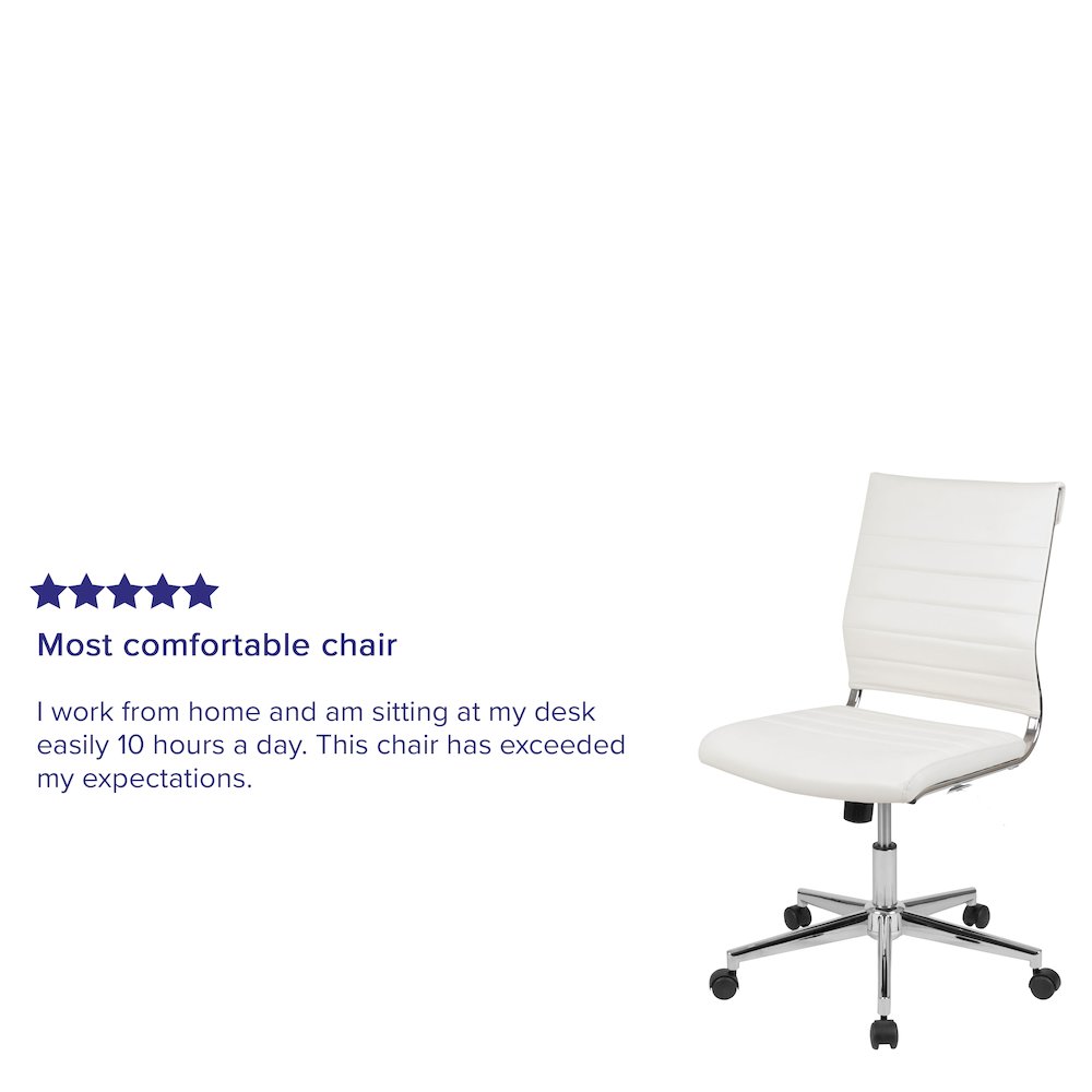 Mid-Back Armless White LeatherSoft Contemporary Ribbed Executive Swivel Office Chair. Picture 12