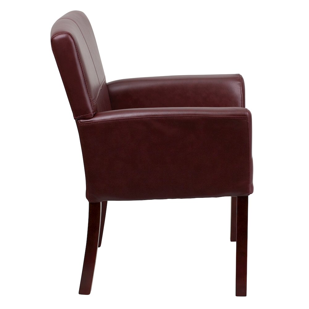 Burgundy LeatherSoft Executive Side Reception Chair with Mahogany Legs. Picture 9