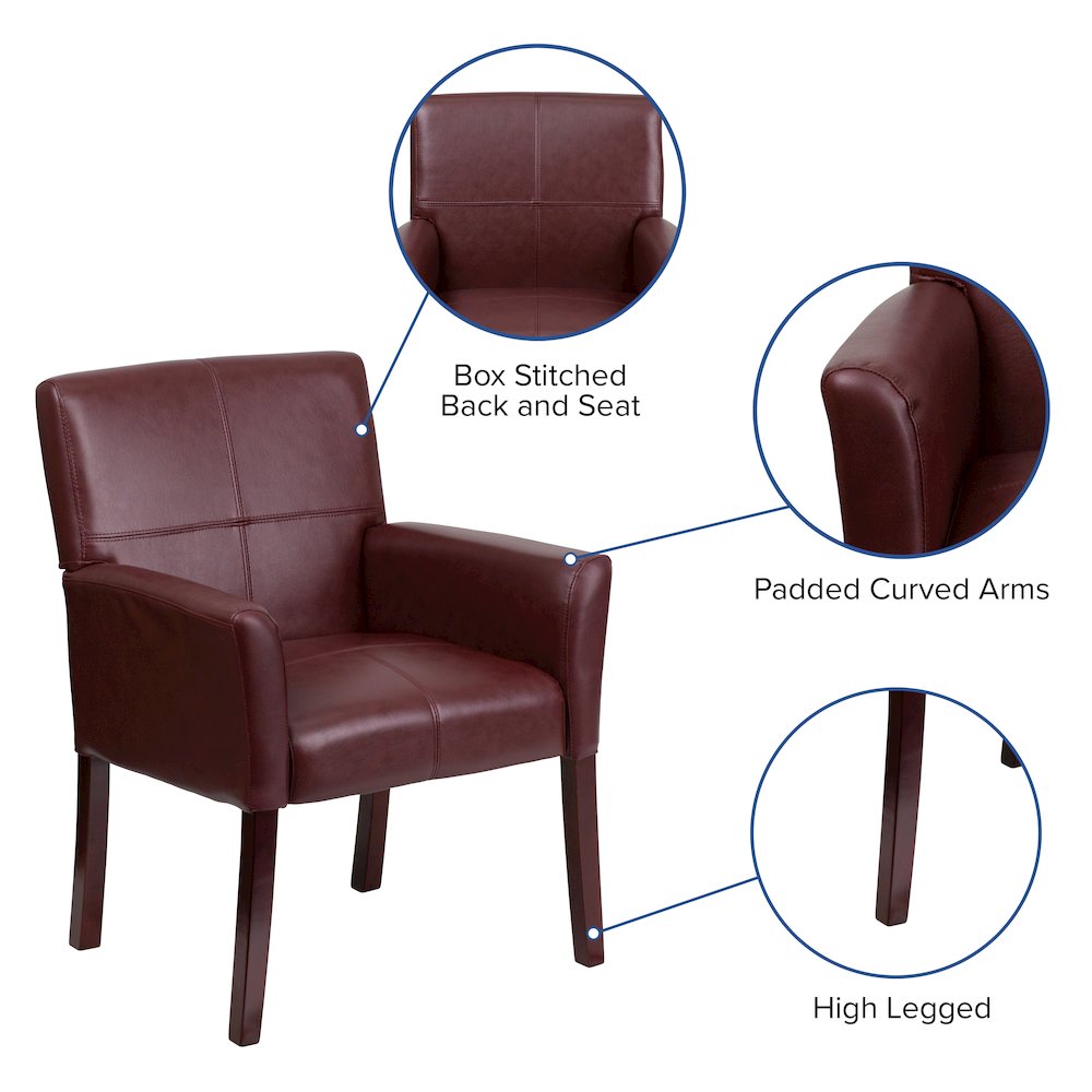 Burgundy LeatherSoft Executive Side Reception Chair with Mahogany Legs. Picture 5