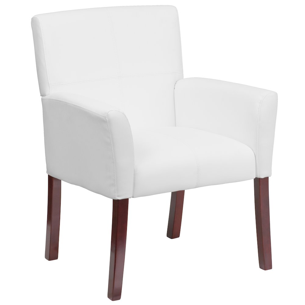 White LeatherSoft Executive Side Reception Chair with Mahogany Legs. Picture 1