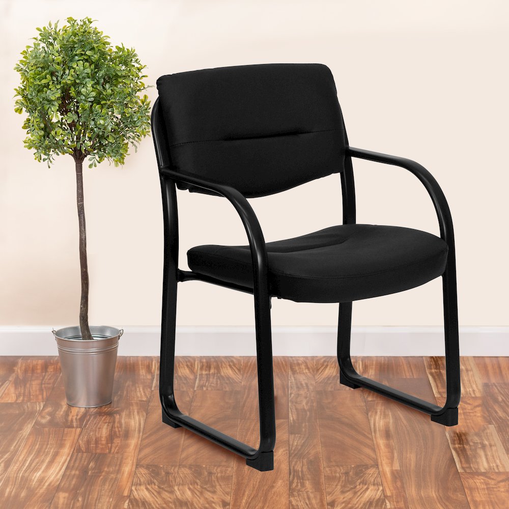 Black LeatherSoft Executive Side Reception Chair with Sled Base. Picture 2