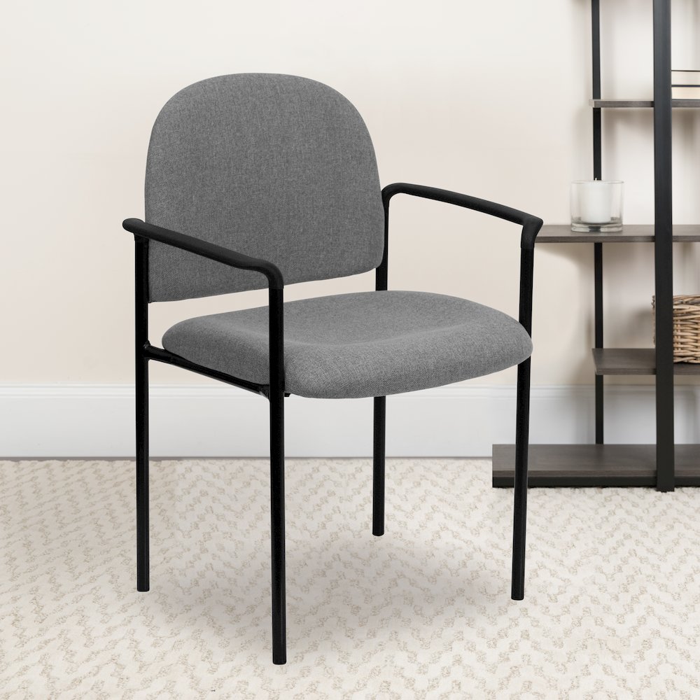 Comfort Gray Fabric Stackable Steel Side Reception Chair with Arms. Picture 2