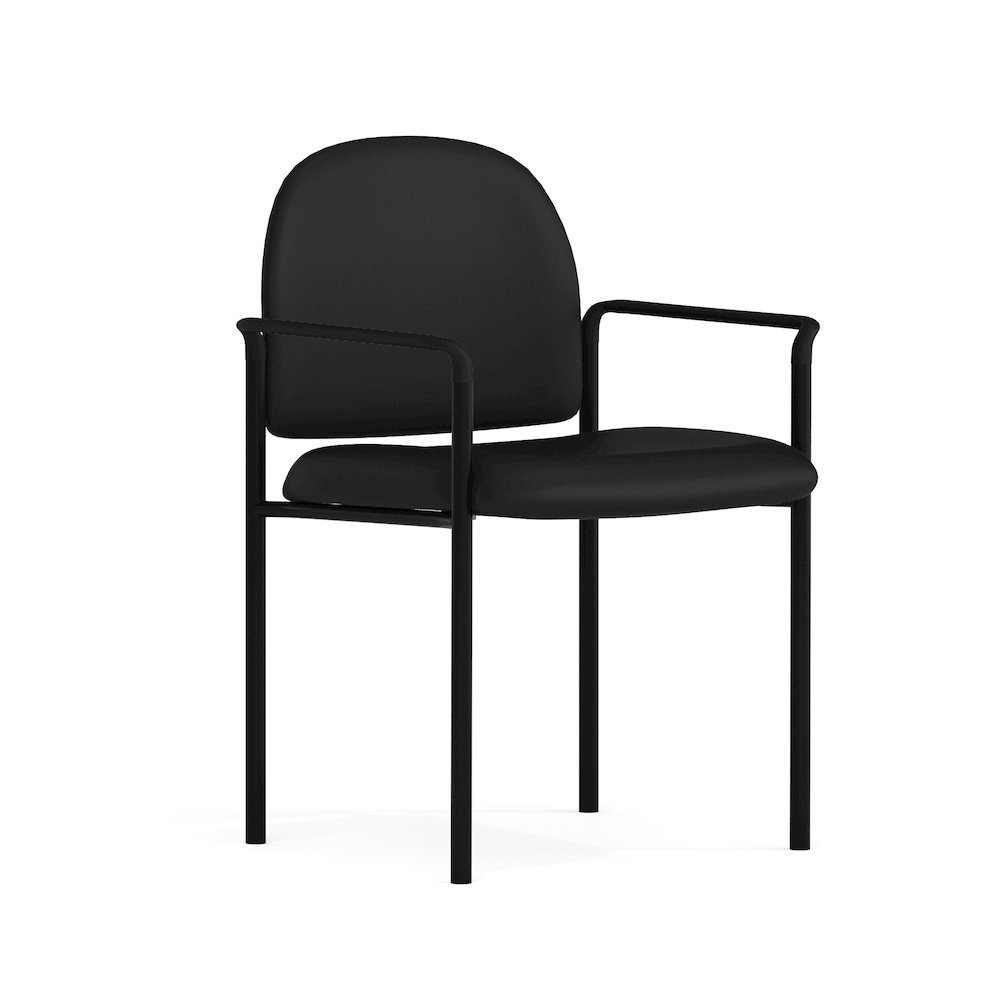 Comfort Black Vinyl Stackable Steel Side Reception Chair with Arms. Picture 1