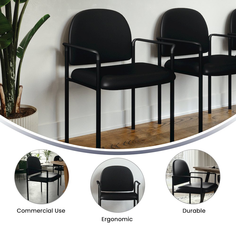 Comfort Black Vinyl Stackable Steel Side Reception Chair with Arms. Picture 9