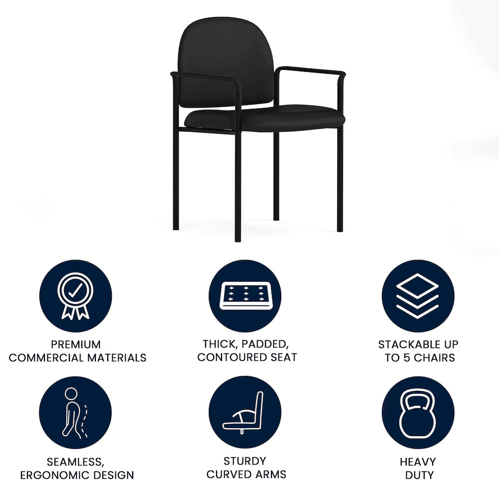 Comfort Black Vinyl Stackable Steel Side Reception Chair with Arms. Picture 8
