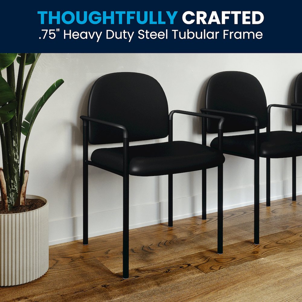 Comfort Black Vinyl Stackable Steel Side Reception Chair with Arms. Picture 6