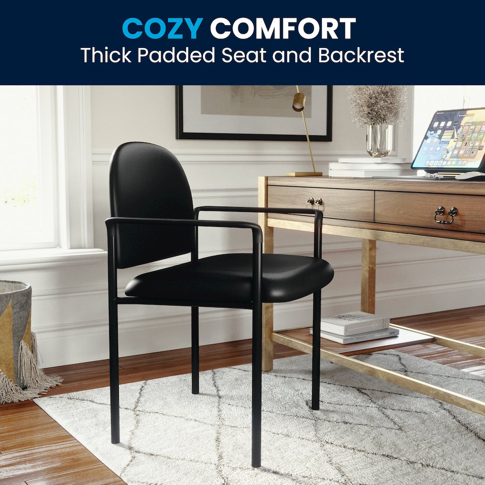 Comfort Black Vinyl Stackable Steel Side Reception Chair with Arms. Picture 12