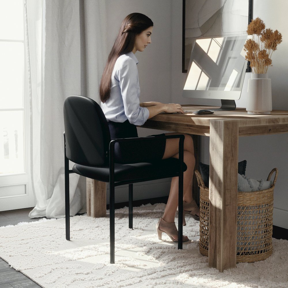 Comfort Black Vinyl Stackable Steel Side Reception Chair with Arms. Picture 5