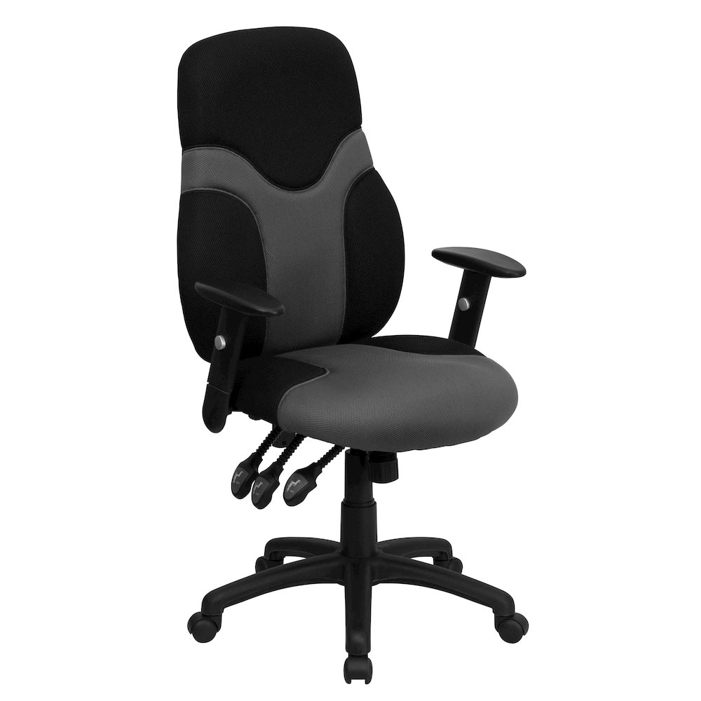 High Back Black and Gray Mesh Swivel Task Office Chair with Adjustable Arms. Picture 1