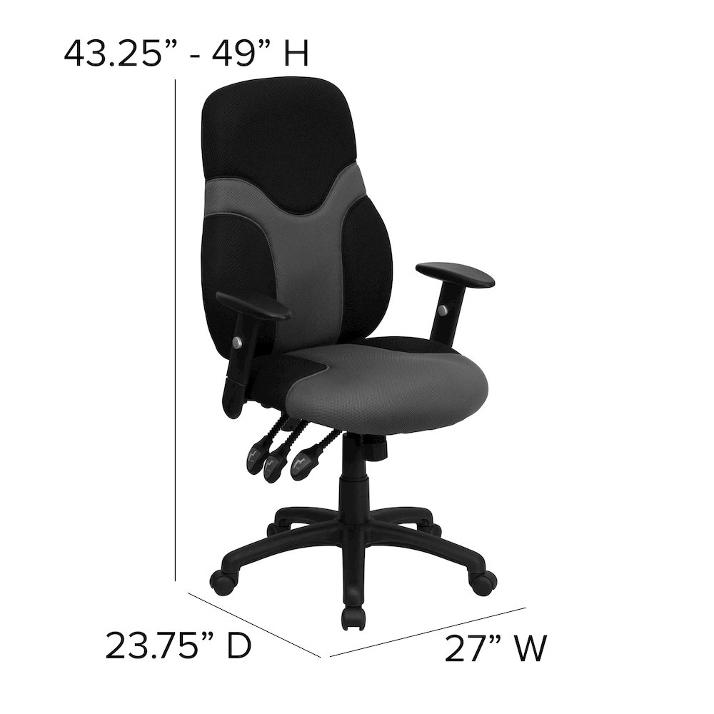 High Back Black and Gray Mesh Swivel Task Office Chair with Adjustable Arms. Picture 7