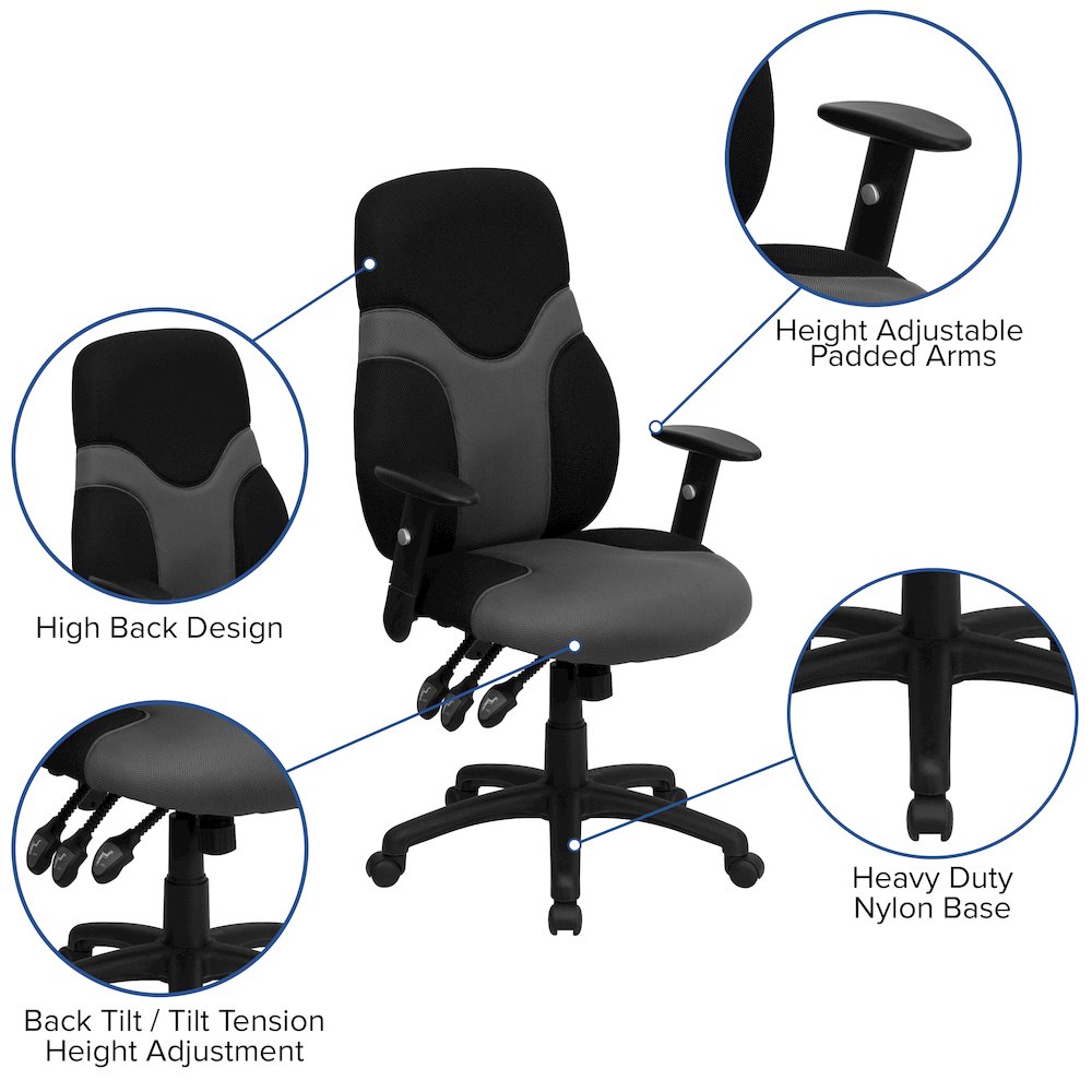 High Back Black and Gray Mesh Swivel Task Office Chair with Adjustable Arms. Picture 6