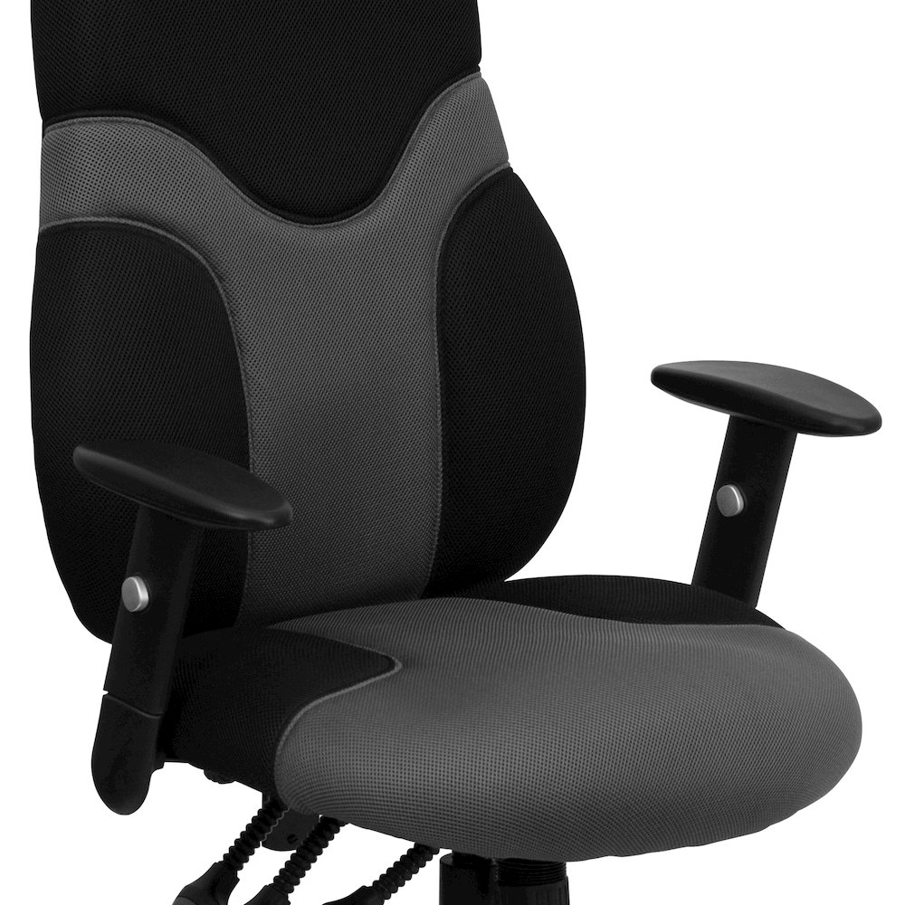 High Back Black and Gray Mesh Swivel Task Office Chair with Adjustable Arms. Picture 9