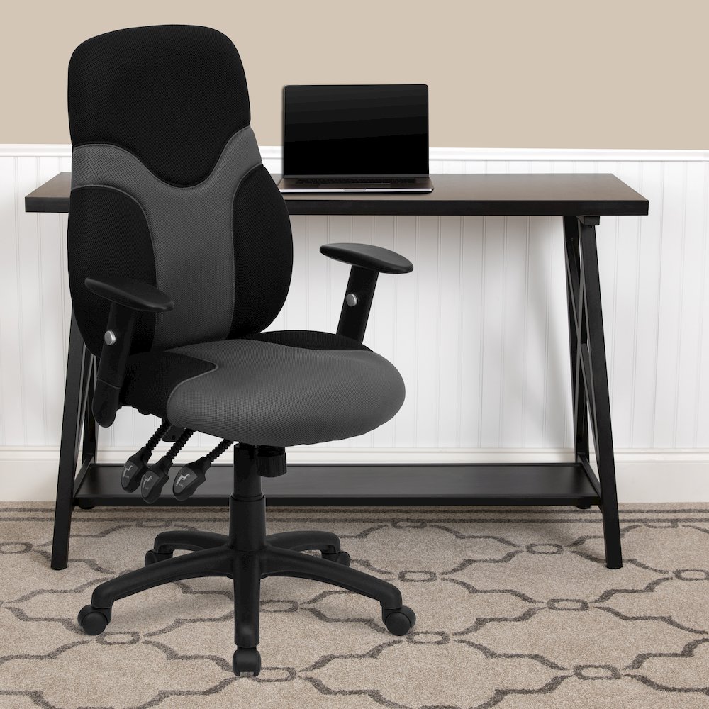 High Back Black and Gray Mesh Swivel Task Office Chair with Adjustable Arms. Picture 2