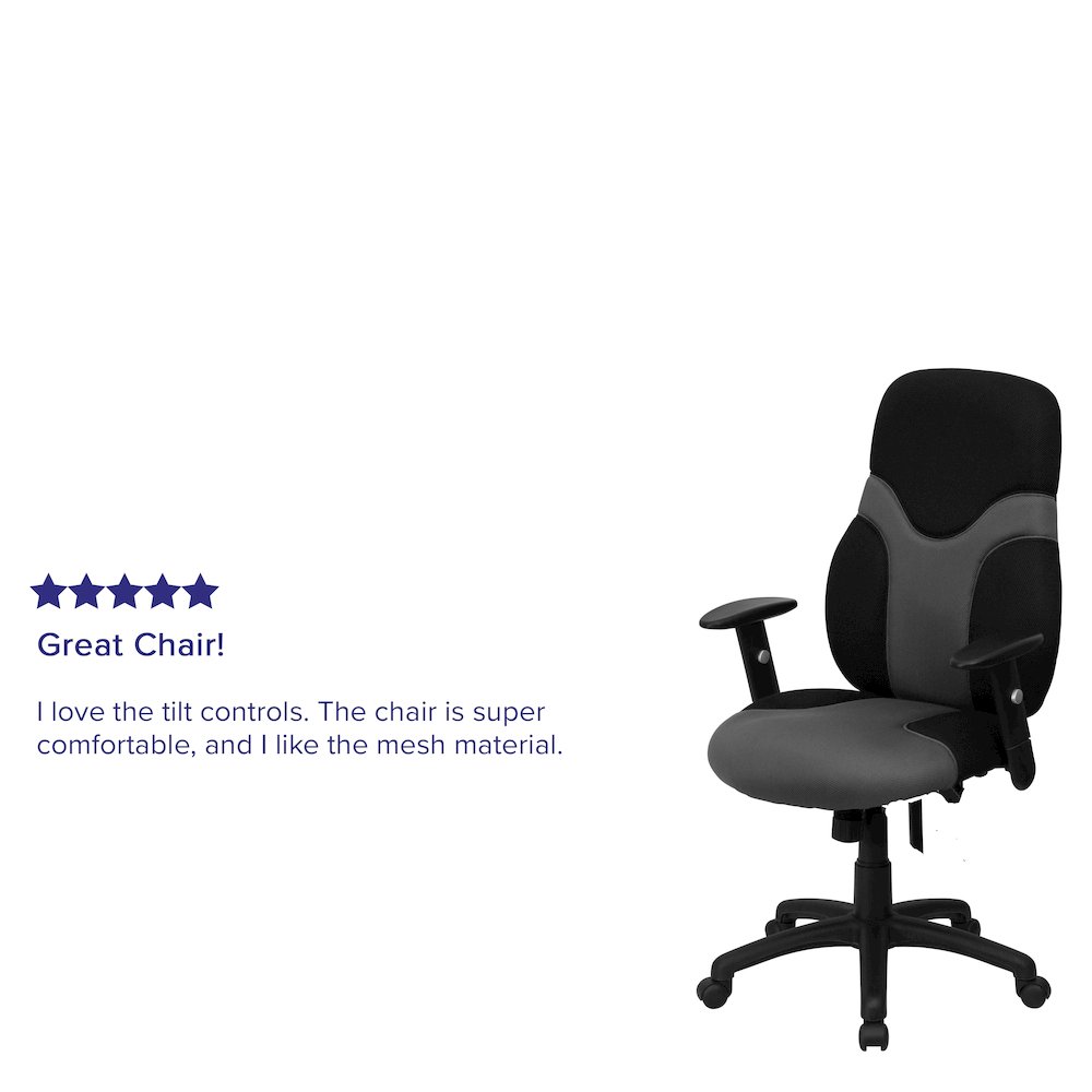 High Back Black and Gray Mesh Swivel Task Office Chair with Adjustable Arms. Picture 5
