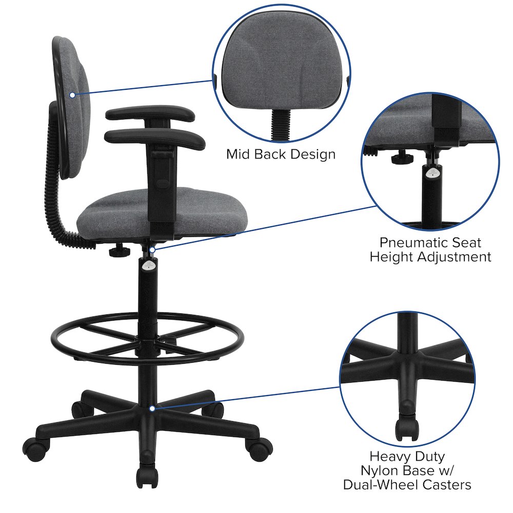 Gray Fabric Drafting Chair (Cylinders: 22.5''-27''H or 26''-30.5''H). Picture 5