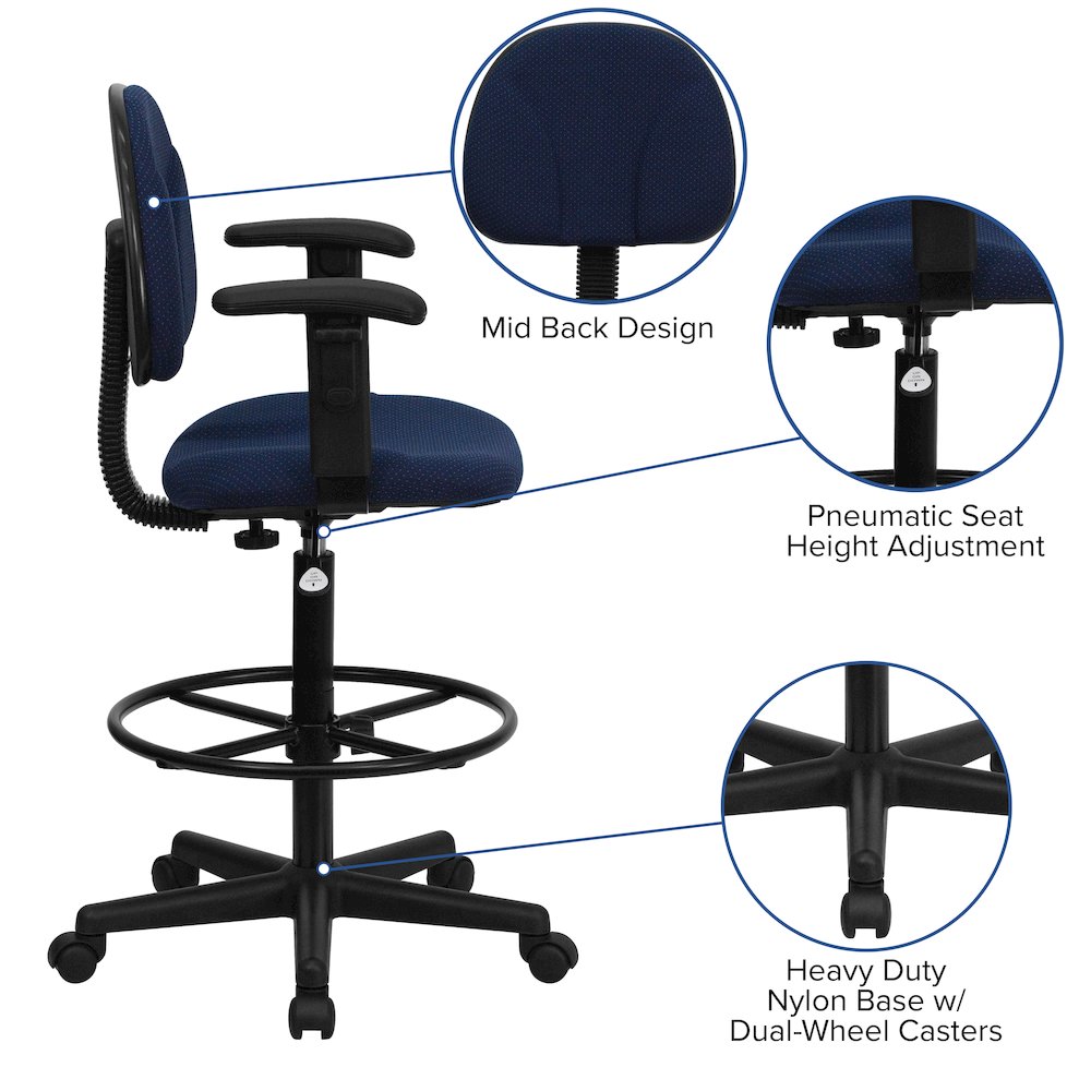 Navy Blue Fabric Drafting Chair (Cylinders: 22.5''-27''H or 26''-30.5''H). Picture 5
