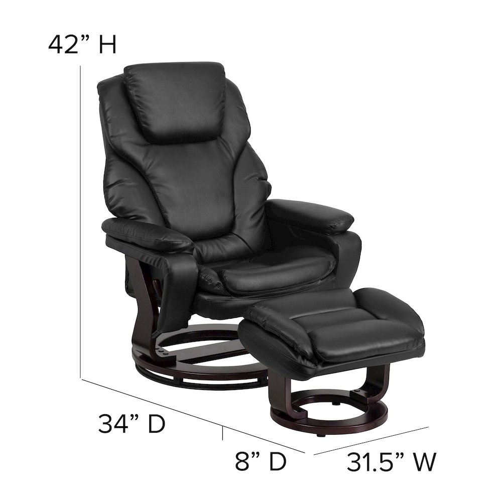 Recliner and Ottoman with Swivel Mahogany Wood Base in Black LeatherSoft. Picture 4