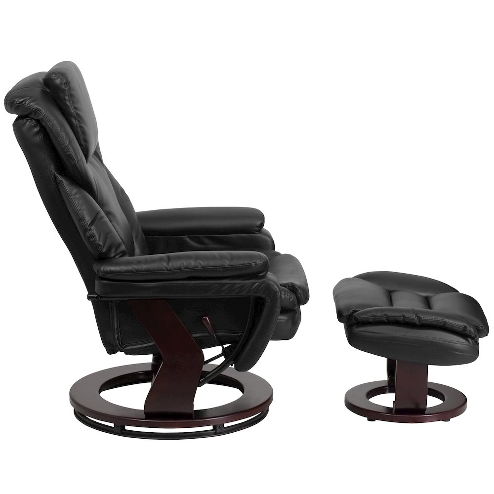 Recliner and Ottoman with Swivel Mahogany Wood Base in Black LeatherSoft. Picture 7