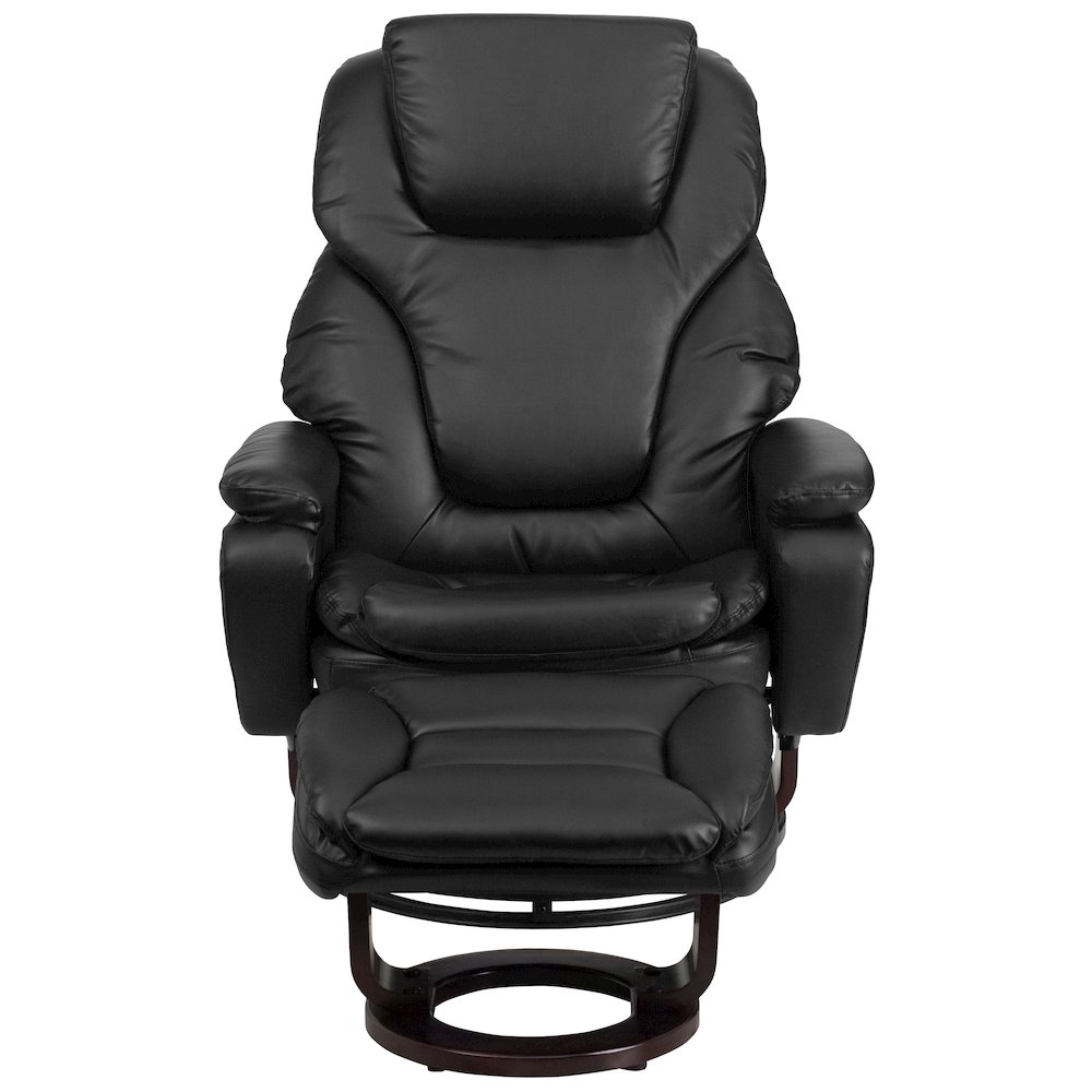 Recliner and Ottoman with Swivel Mahogany Wood Base in Black LeatherSoft. Picture 8