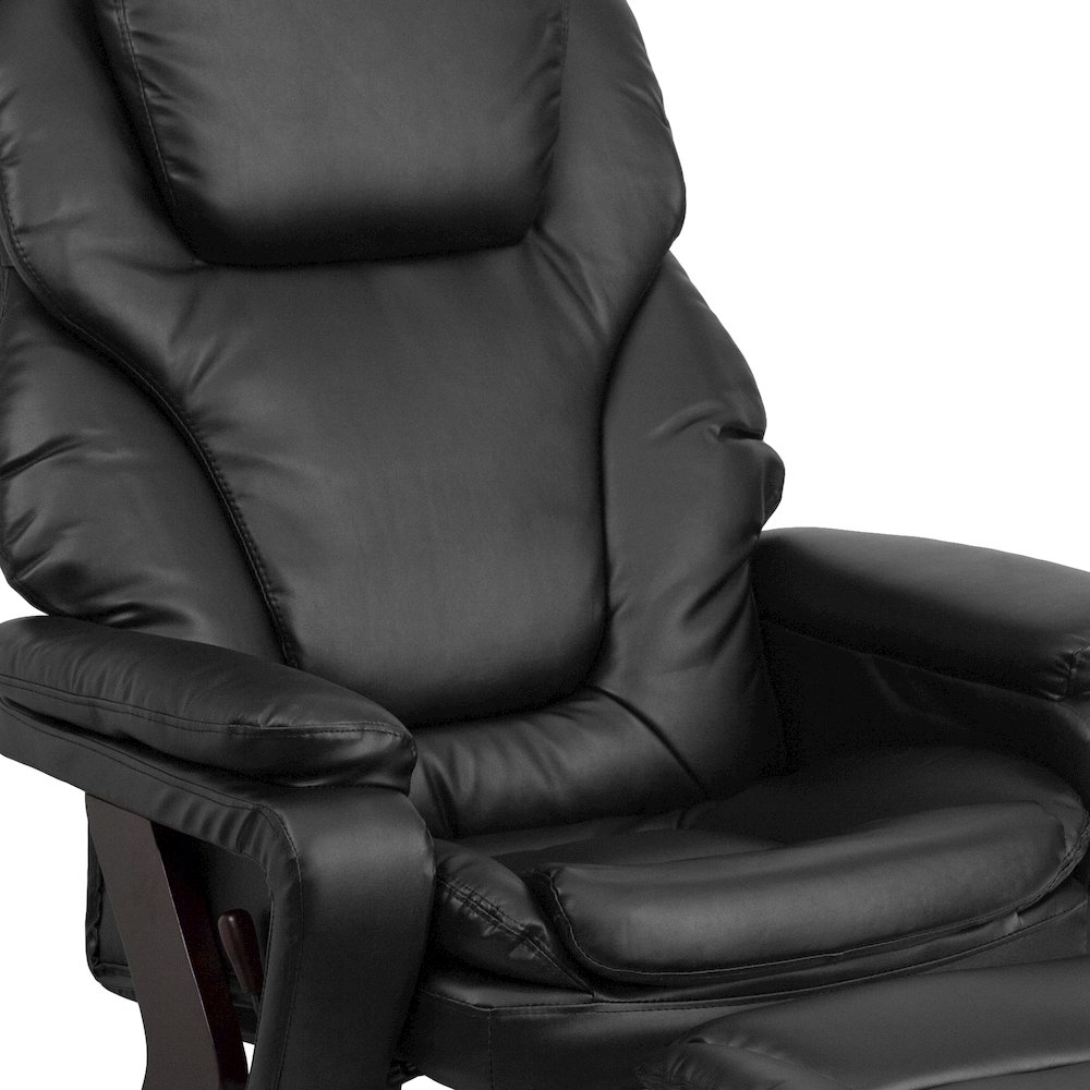 Recliner and Ottoman with Swivel Mahogany Wood Base in Black LeatherSoft. Picture 9