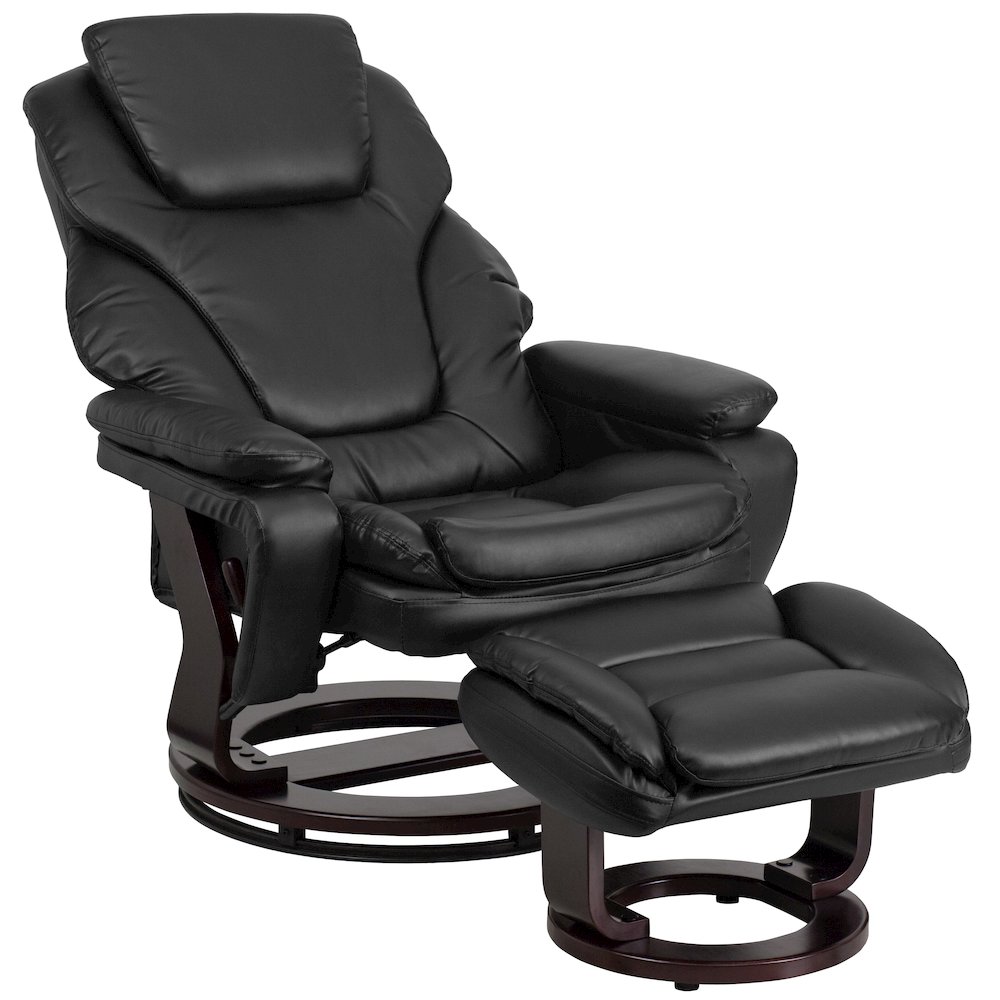 Recliner and Ottoman with Swivel Mahogany Wood Base in Black LeatherSoft. Picture 11