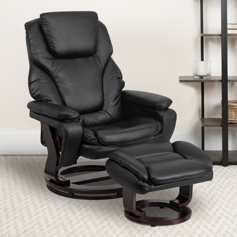 Recliner and Ottoman with Swivel Mahogany Wood Base in Black LeatherSoft. Picture 2