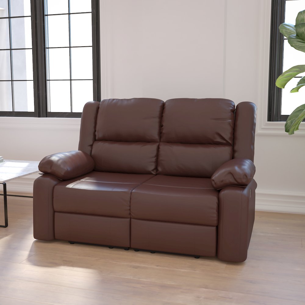 Brown LeatherSoft Loveseat with Two Built-In Recliners. Picture 2