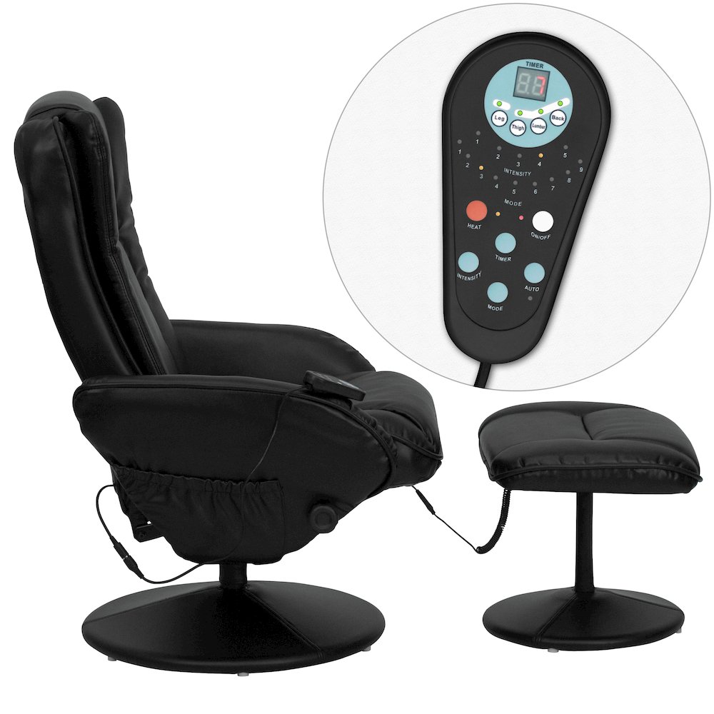 Massaging Plush Recliner with Side Pocket and Ottoman in Black LeatherSoft. Picture 8