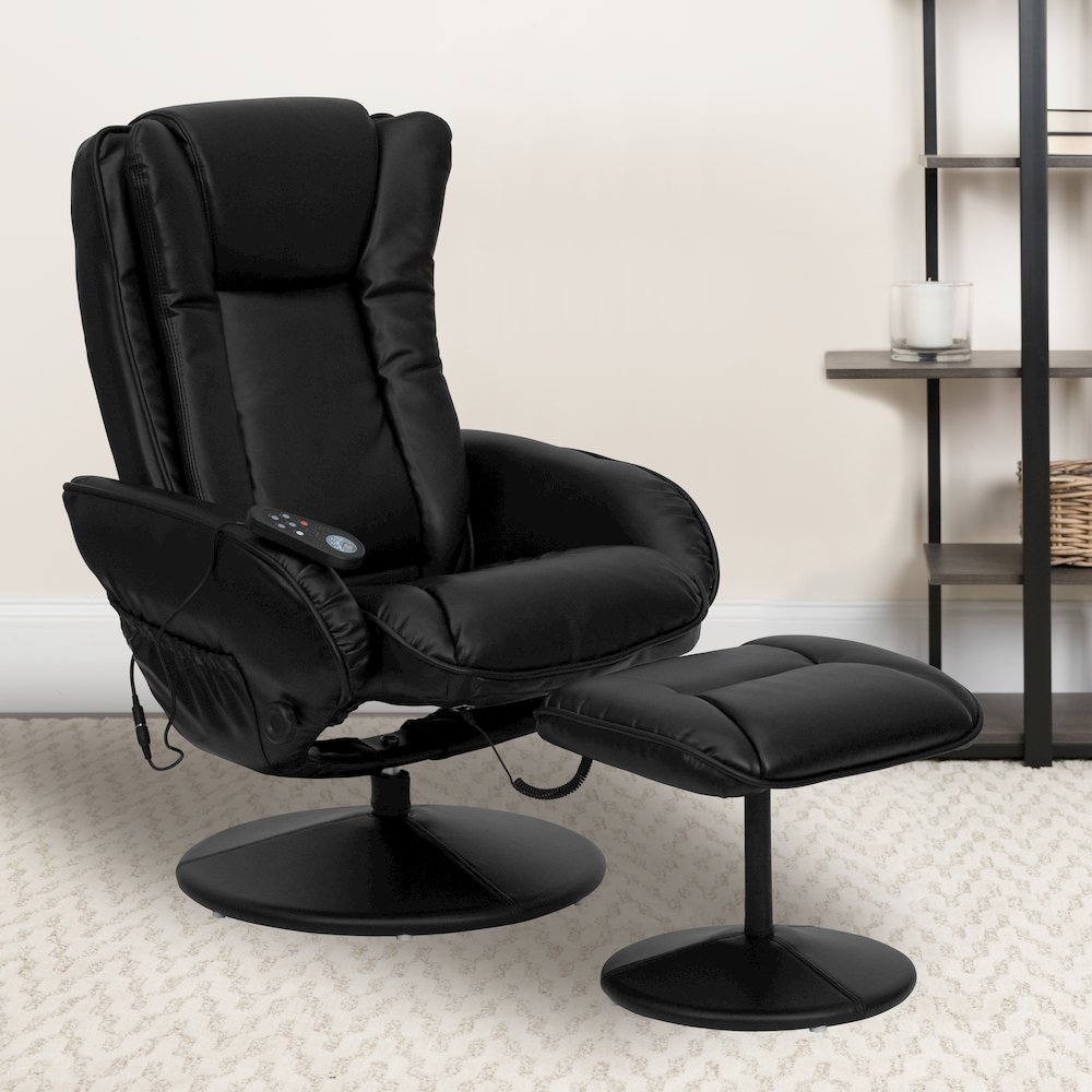Massaging Plush Recliner with Side Pocket and Ottoman in Black LeatherSoft. Picture 2