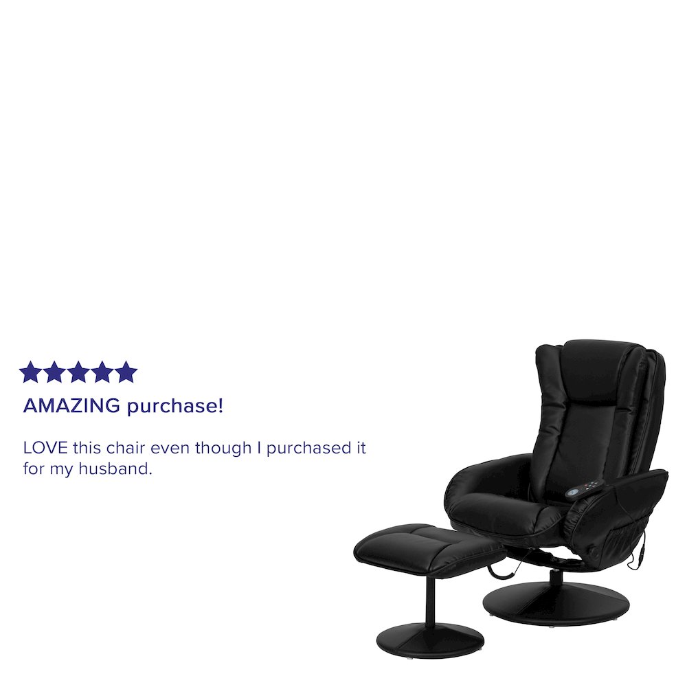 Massaging Plush Recliner with Side Pocket and Ottoman in Black LeatherSoft. Picture 4