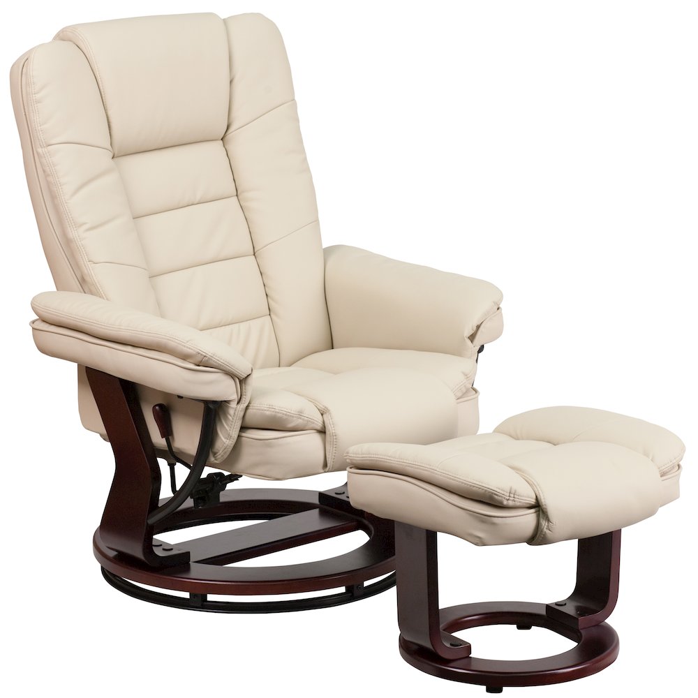 Recliner with Horizontal Stitching and Ottoman with Swivel Mahogany Wood Base. Picture 1