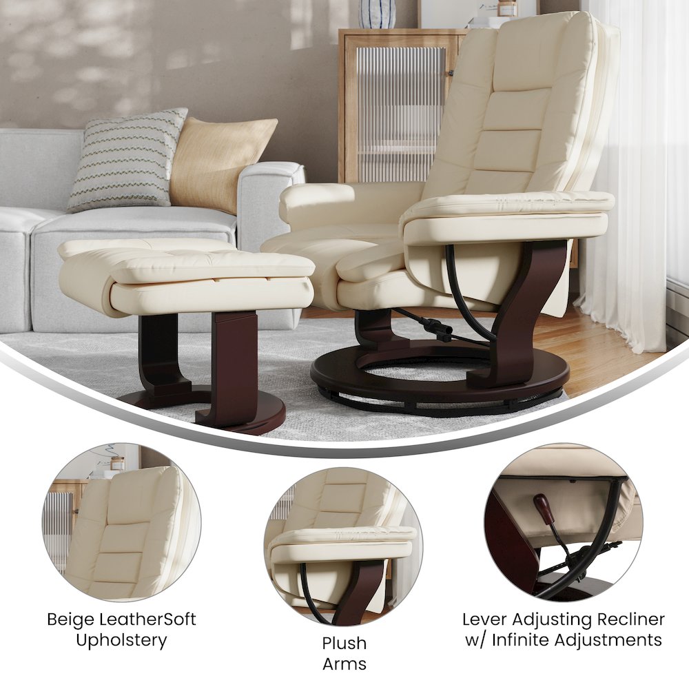 Recliner with Horizontal Stitching and Ottoman with Swivel Mahogany Wood Base. Picture 5