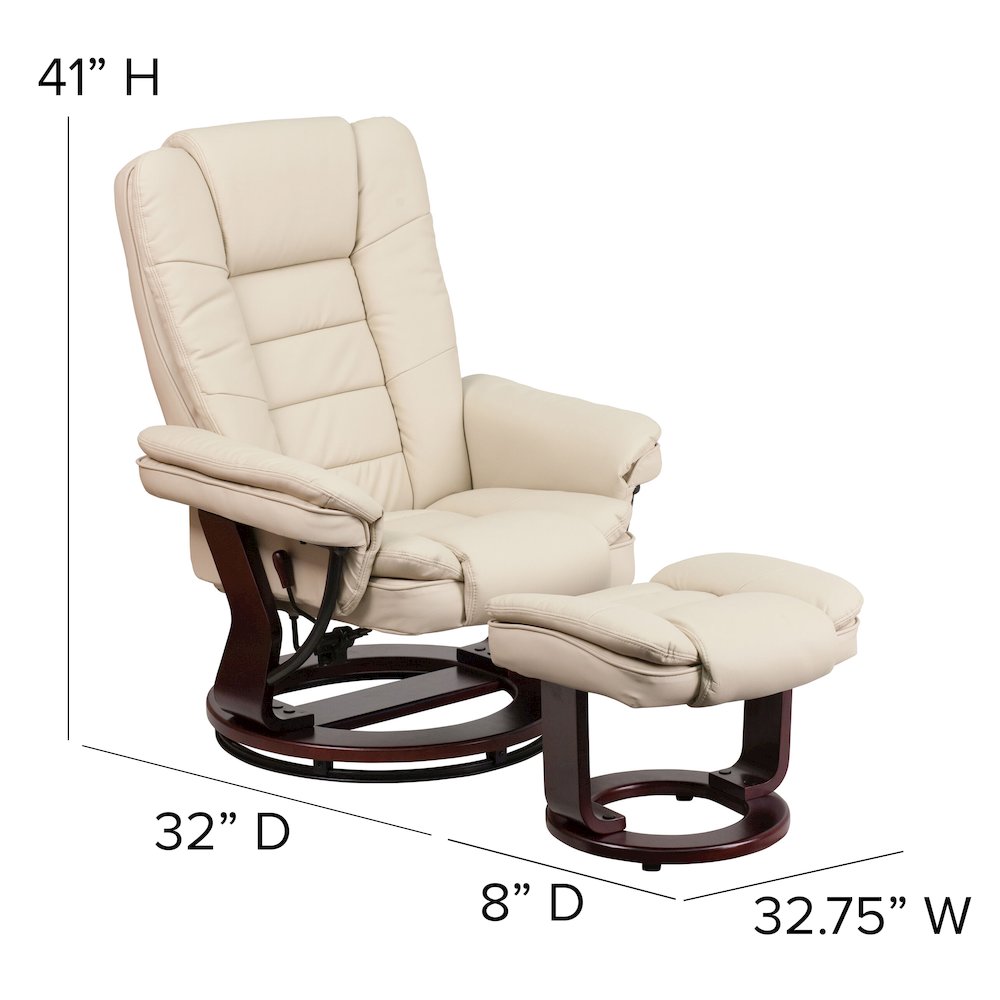 Recliner with Horizontal Stitching and Ottoman with Swivel Mahogany Wood Base. Picture 6