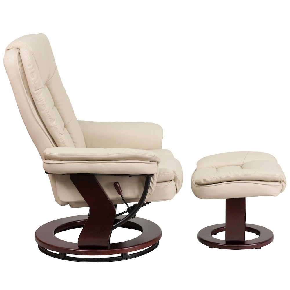 Recliner with Horizontal Stitching and Ottoman with Swivel Mahogany Wood Base. Picture 9