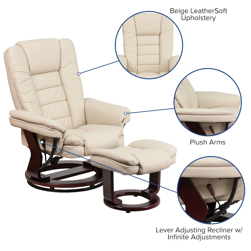 Recliner with Horizontal Stitching and Ottoman with Swivel Mahogany Wood Base. Picture 8