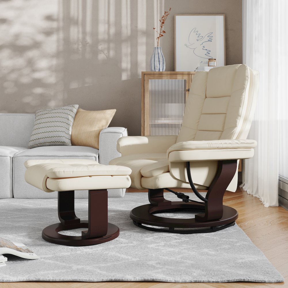 Recliner with Horizontal Stitching and Ottoman with Swivel Mahogany Wood Base. Picture 2
