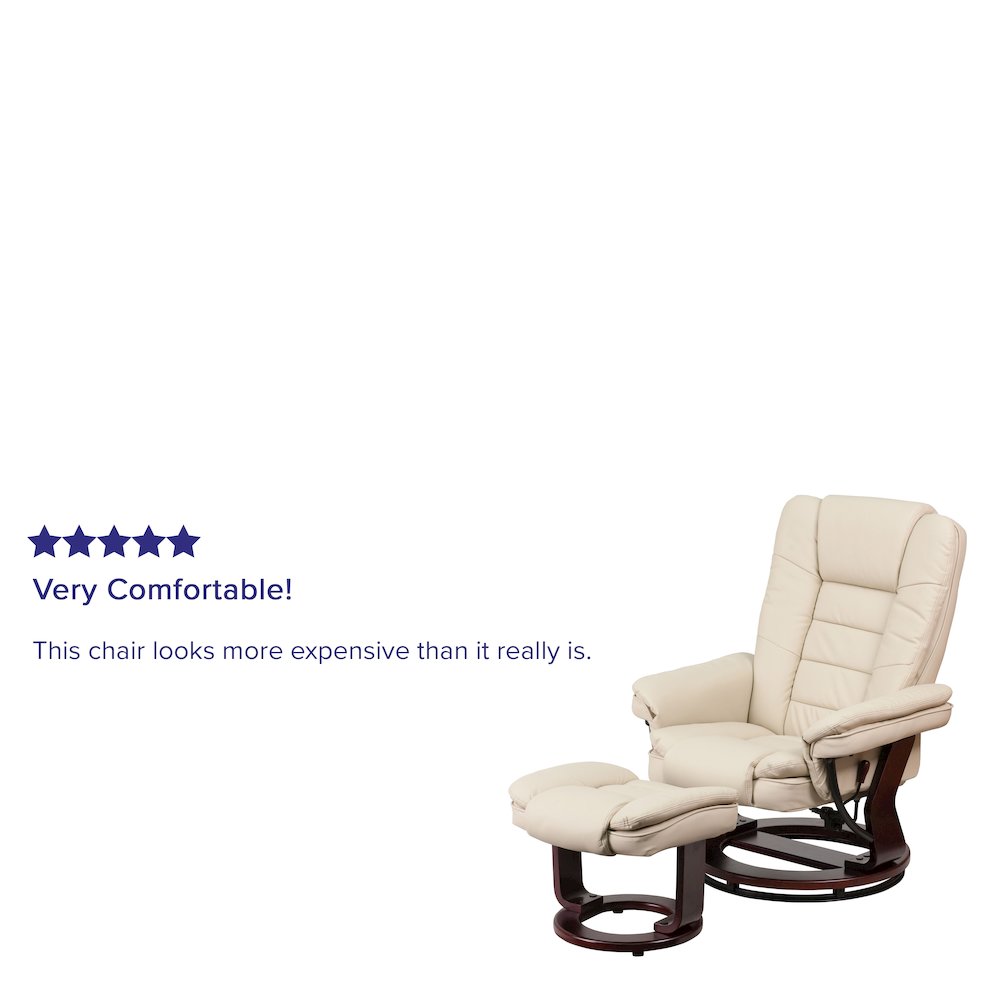 Recliner with Horizontal Stitching and Ottoman with Swivel Mahogany Wood Base. Picture 4