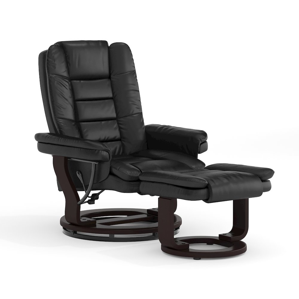 Recliner with Horizontal Stitching and Ottoman with Swivel Mahogany Wood Base. Picture 1