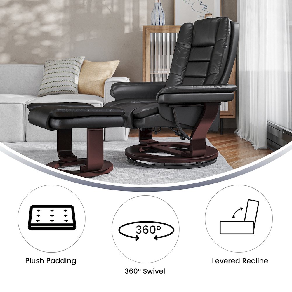 Recliner with Horizontal Stitching and Ottoman with Swivel Mahogany Wood Base. Picture 5