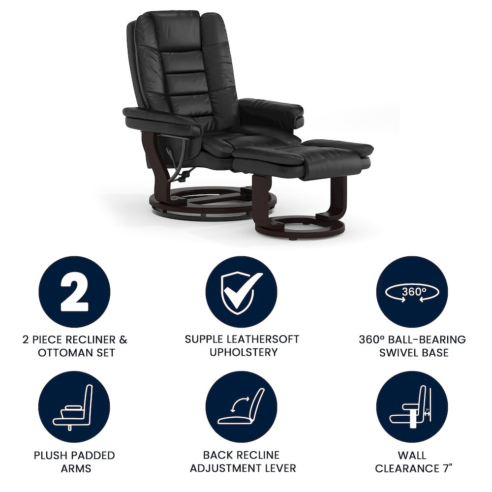 Recliner with Horizontal Stitching and Ottoman with Swivel Mahogany Wood Base. Picture 4