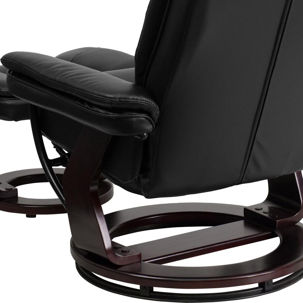 Contemporary Multi-Position Recliner with Horizontal Stitching and Ottoman with Swivel Mahogany Wood Base in Black LeatherSoft. Picture 8
