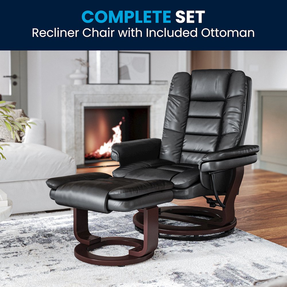 Recliner with Horizontal Stitching and Ottoman with Swivel Mahogany Wood Base. Picture 2
