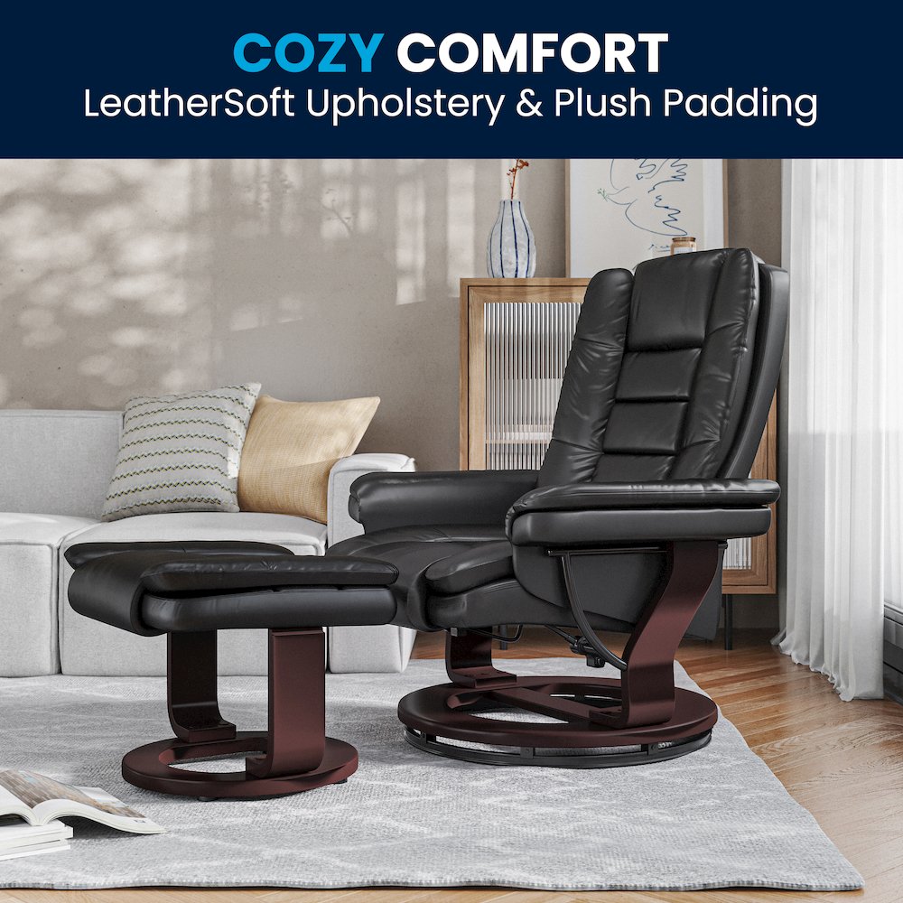 Recliner with Horizontal Stitching and Ottoman with Swivel Mahogany Wood Base. Picture 8