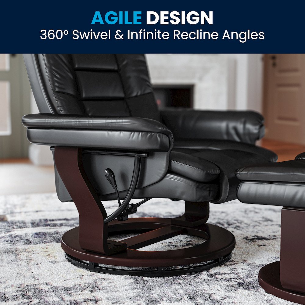 Recliner with Horizontal Stitching and Ottoman with Swivel Mahogany Wood Base. Picture 9