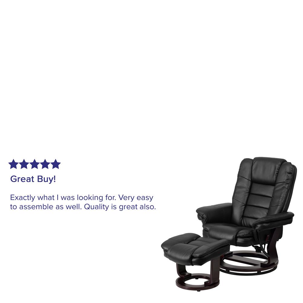 Contemporary Multi-Position Recliner with Horizontal Stitching and Ottoman with Swivel Mahogany Wood Base in Black LeatherSoft. Picture 9