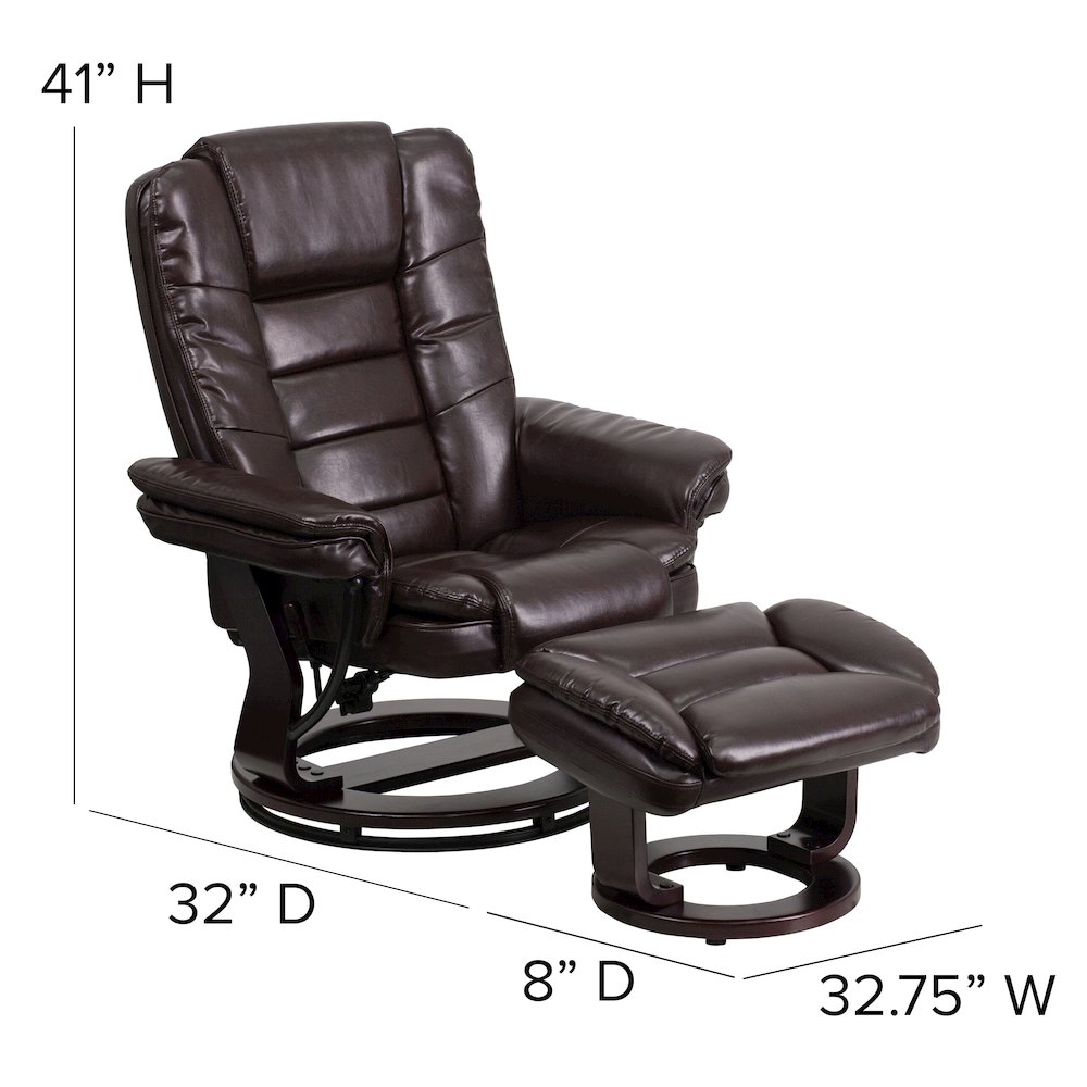 Recliner with Horizontal Stitching and Ottoman with Swivel Mahogany Wood Base. Picture 5