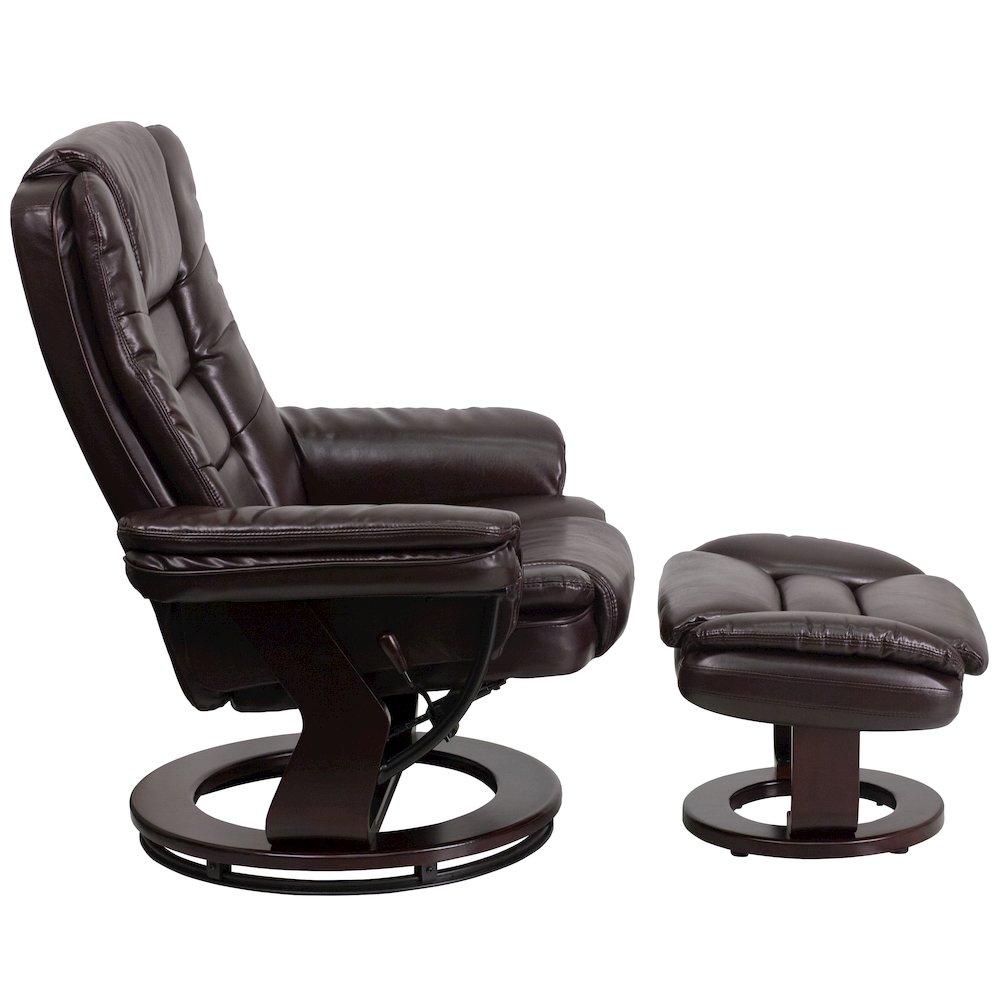 Recliner with Horizontal Stitching and Ottoman with Swivel Mahogany Wood Base. Picture 8