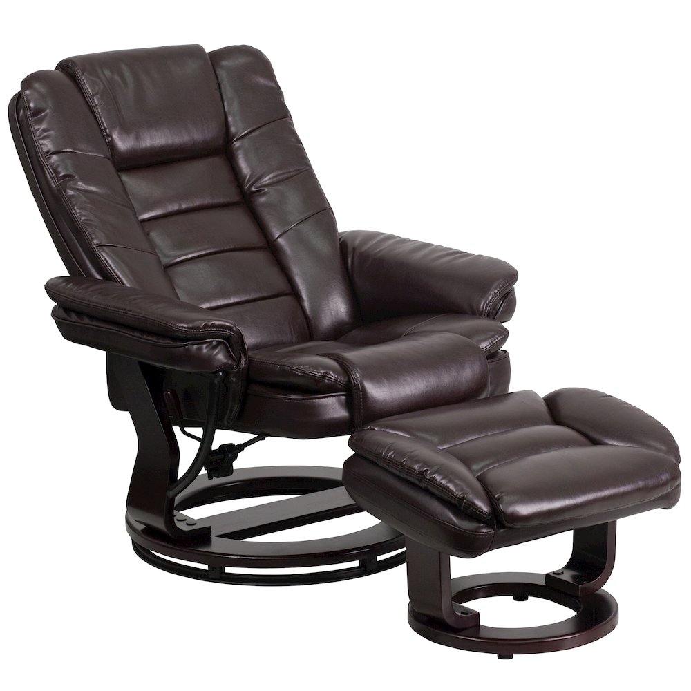 Recliner with Horizontal Stitching and Ottoman with Swivel Mahogany Wood Base. Picture 11