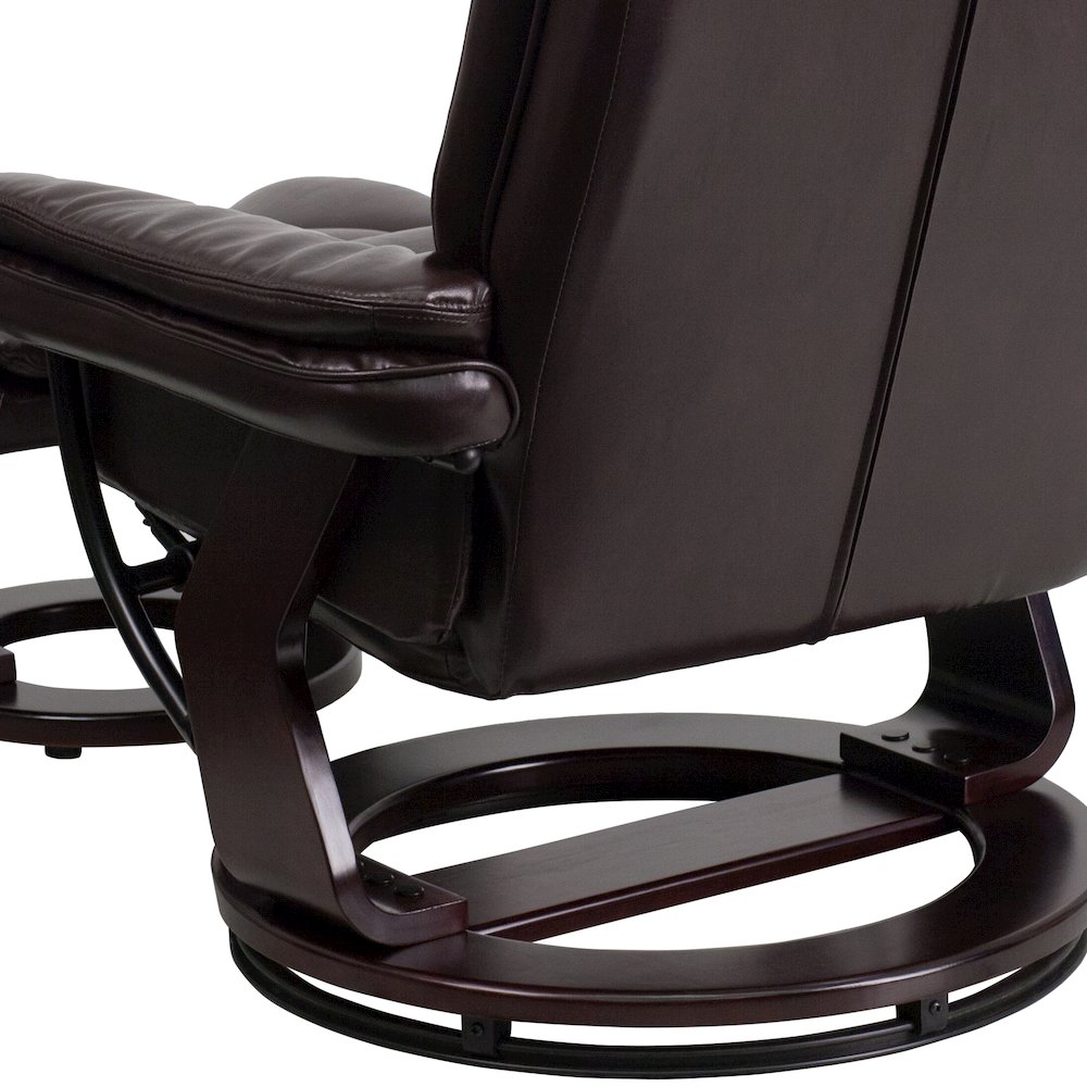 Recliner with Horizontal Stitching and Ottoman with Swivel Mahogany Wood Base. Picture 12