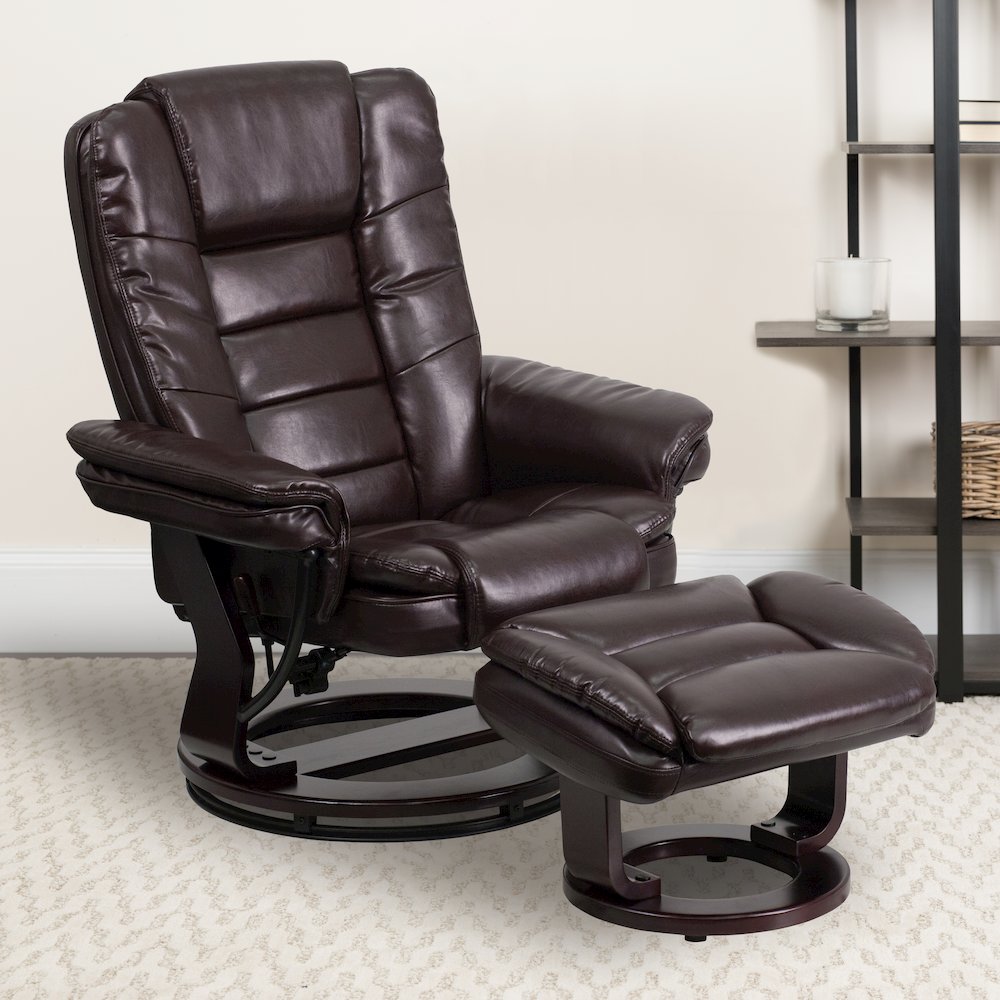 Recliner with Horizontal Stitching and Ottoman with Swivel Mahogany Wood Base. Picture 2